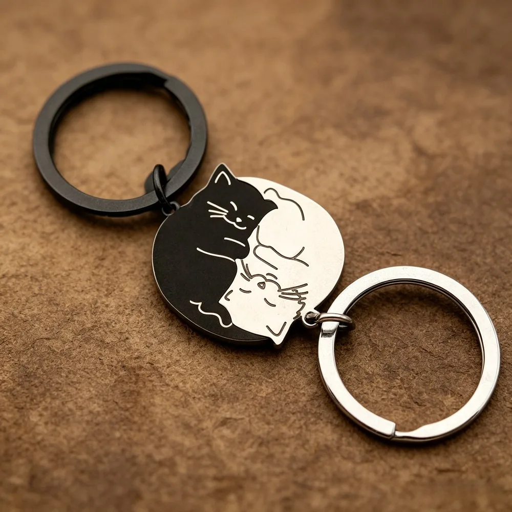 Creative Cute Stainless Steel Cartoon Cat Keychain Couple Ornament Fashion Bag Accessory Lovely Keyring Pendant Romantic Gift