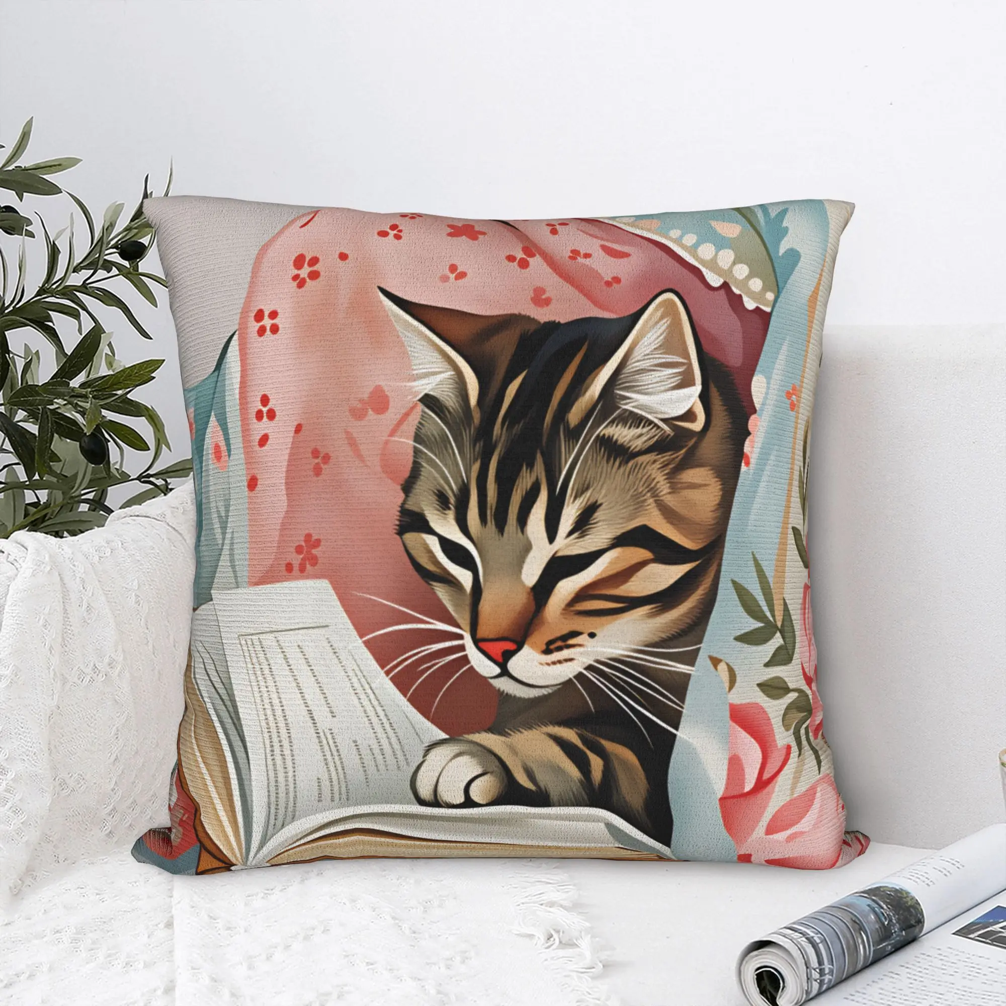 Whimsical Reading Cat Pillow Case  Soft Pillow Cover For Sofa Car Home Decor Novelty Pillowcases