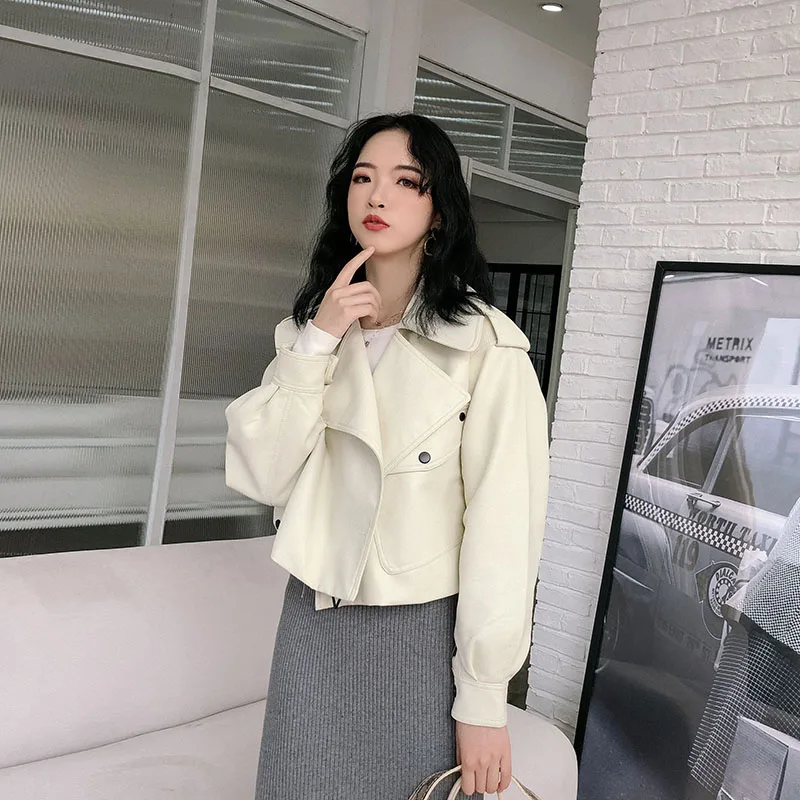FMFSSOM Spring Autumn Loose Design Turn-Down Collar MotoBike Pu Leather Jacket Women Long Sleeve Turn-Down Collar