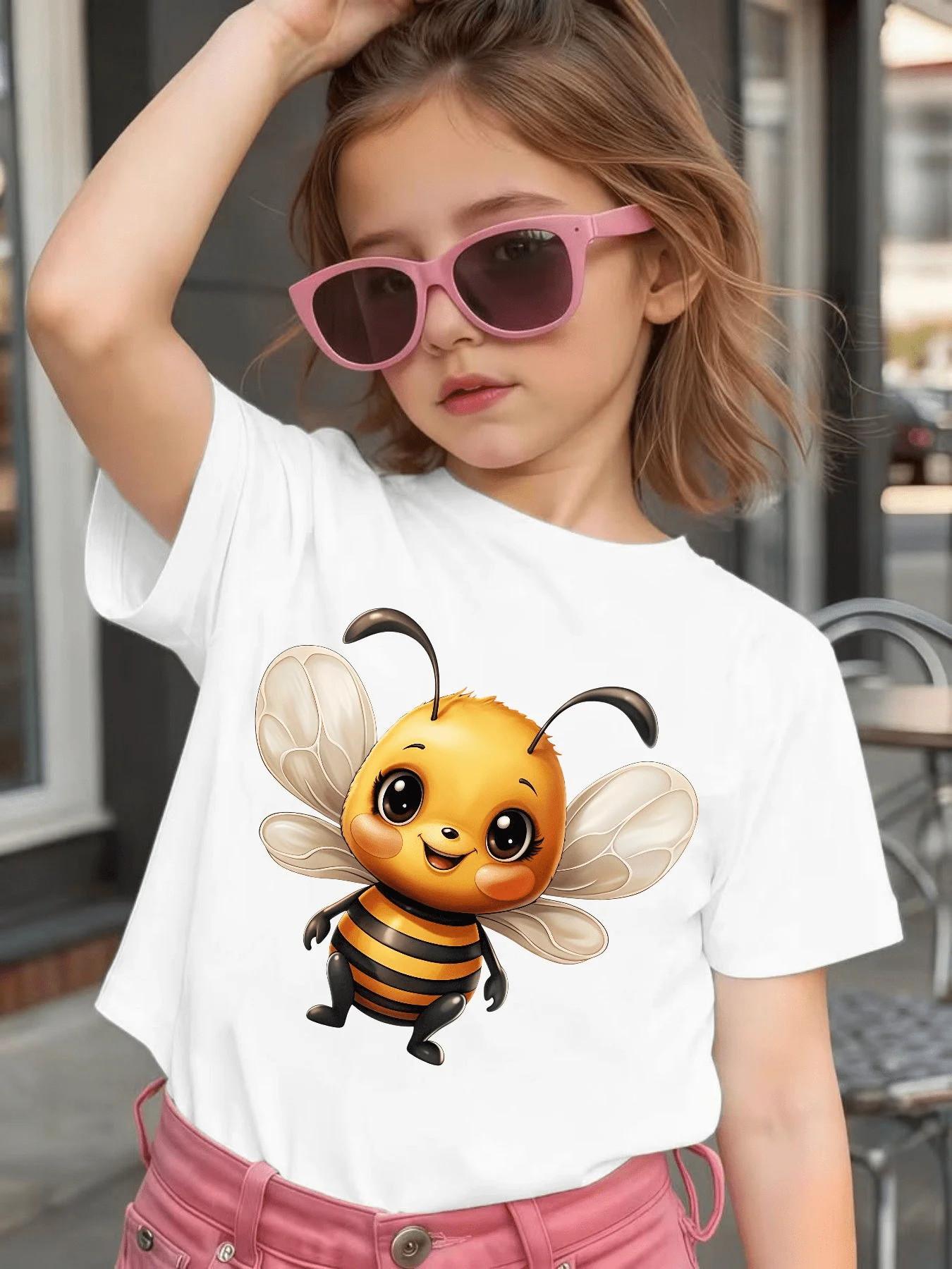 Cartoon Little Bee Print Kids T Shirt Cotton Short Sleeve Boys Girls Parent Child Matching Summer Lovely Casual Daily Tees