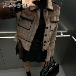 TWOTWINSTYLE Solid Spliced Button Designer Jackets For Women Lapel Long Sleeve Patchwork Pockets Female Fashion Style Clothes