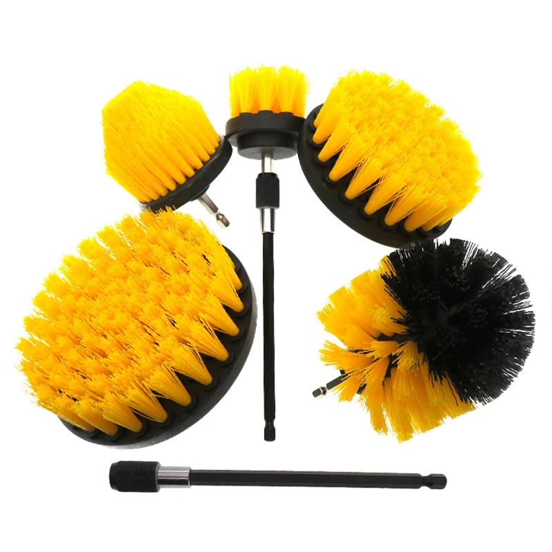 

6Pcs Electric Scrubber Brush Drill Brush Kit Plastic Round Cleaning Brush Extension Rod For Car Tires Car Cleaning Tools