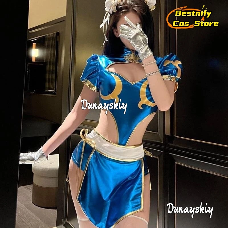 أزياء كوسبلاي جيمز تشون لي التأثيرية S-L فساتين شيونغسام الأزرق سبليت للنساء البالغات بدلة أغطية الرأس بدلة أنيمي للحفلات