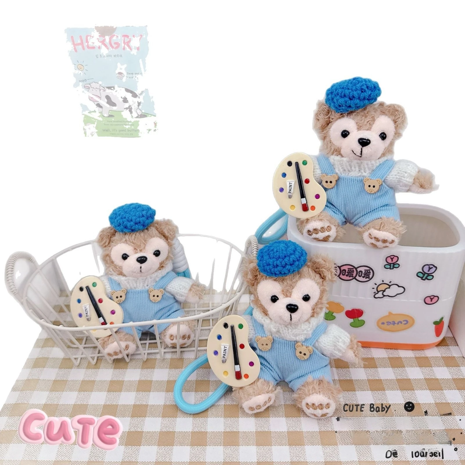 Miniso 画家ダッフィーシオングシャオ車のキーホルダーペンダントクリエイティブぬいぐるみシャーリーメイダッフィーシオング通学小さな吊り飾り