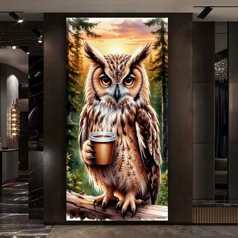 Diy Diamond Embroidery Owl Hot Coffee Diamonds Art Painting Large Size Animals Full Drill Mosaic Embroidery Kit Wall Decor