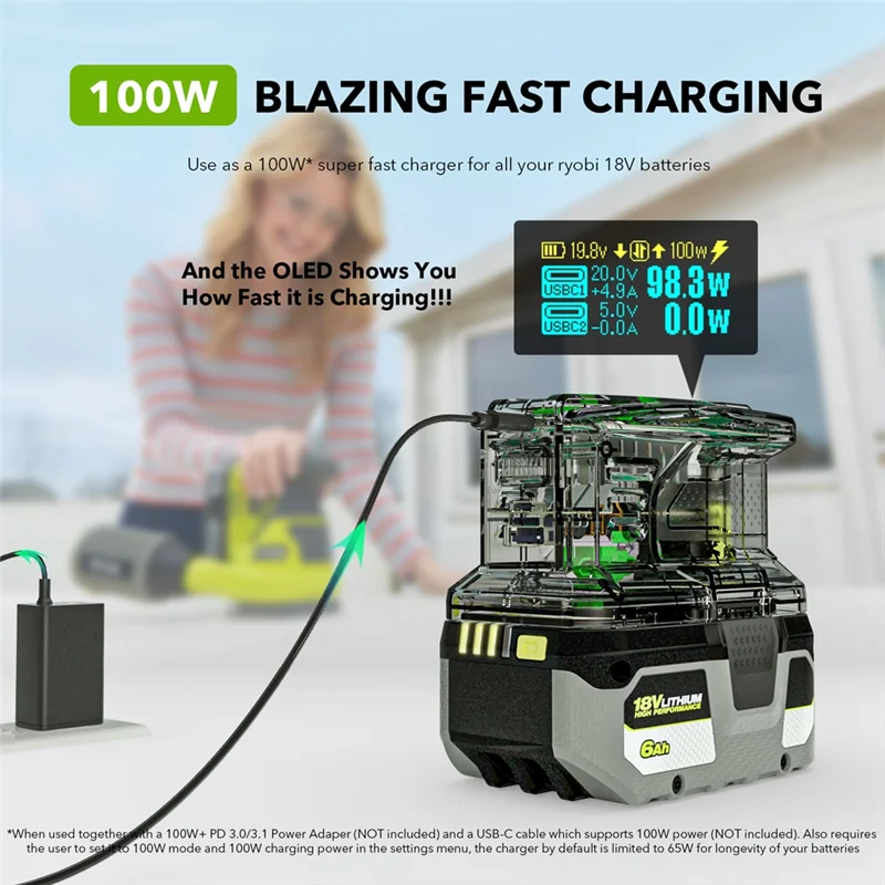 Fast Charger For RYOBI 18V ONE+ Battery Recharger Lithium Battery 100W Fast Charge USB Port Two-Way Charger PSC-A12I