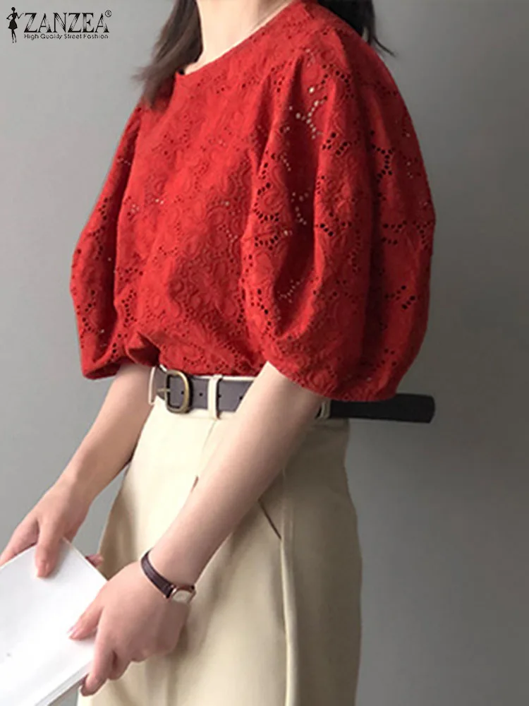 ZANZEA Women Hollow Out Blouse 2024 Summer Short Sleeve Loose Blusas Elegant Oversized Puff Sleeve Top Casual Solid Blusas Femme