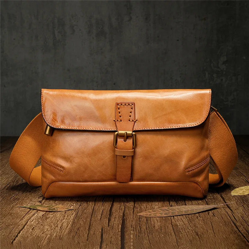 PNDME vintage cow leather men's shoulder bag outdoor daily luxury handmade genuine leather wide shoulder strap crossbody bag