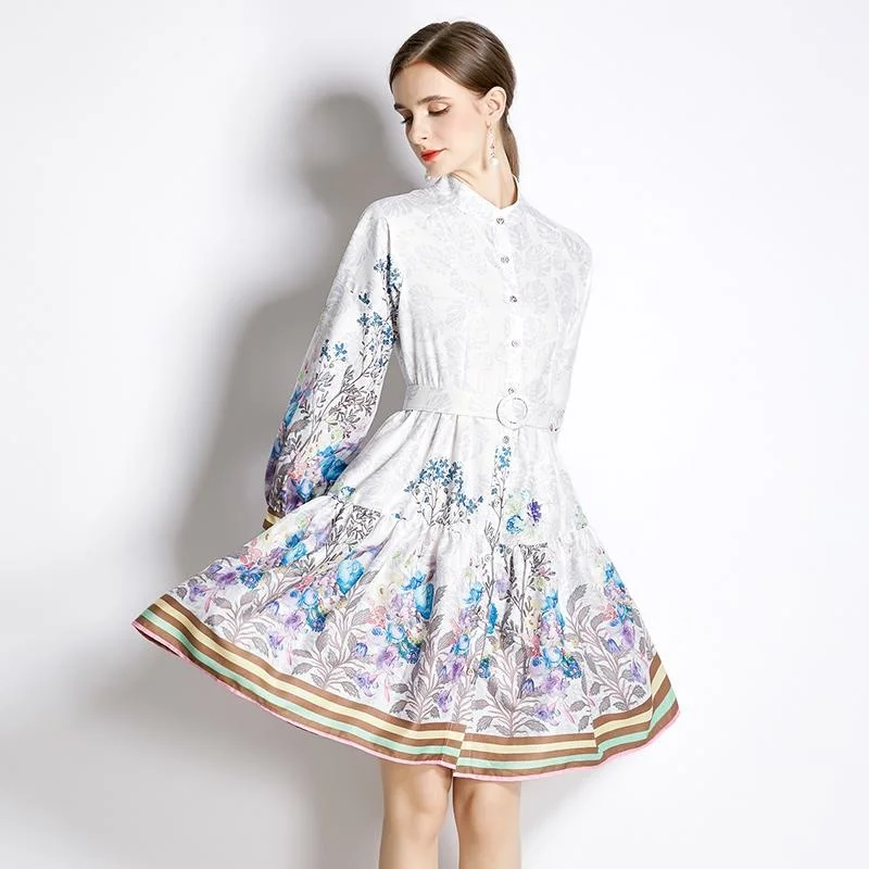 Class High Blue Color Floral Big Swing Knee Length Autumn Long Sleeve Dresses Quality Chiffon Glam Notched Neck T-shirt Skirts