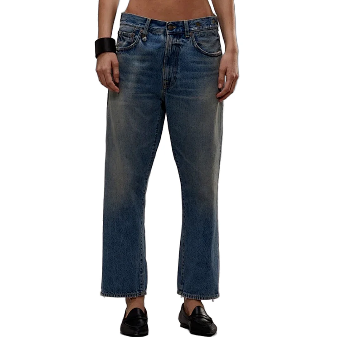 

Maxdutti American Vintage Mid Waist Non Elastic Light Blue Distressed Straight Cropped Jeans Women's Denim Pants Woman Clothes