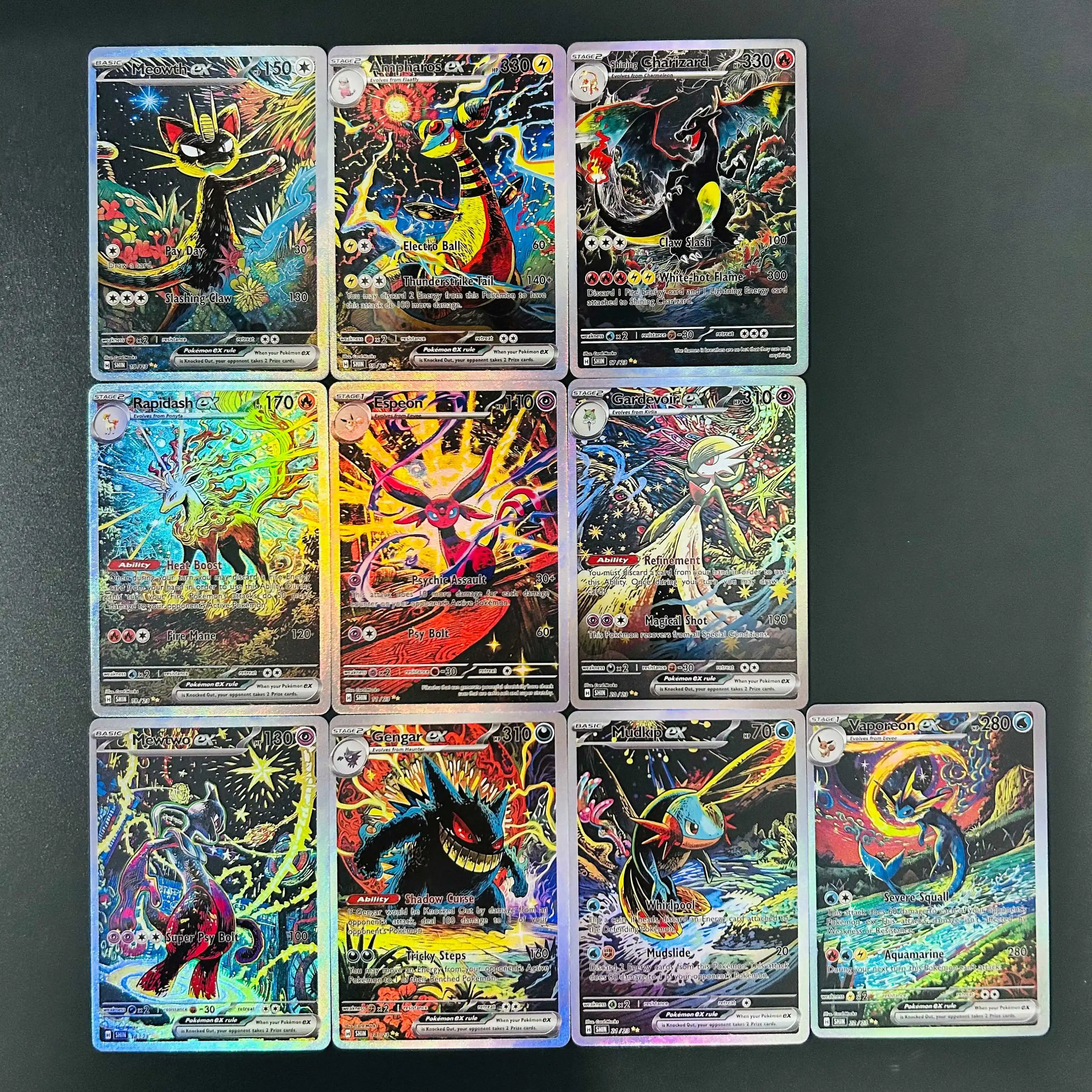   10 Cartões Holográficos DIY (Charizard, Mewtwo, Gengar) com Textura de Folha, Cartão de Coleção de Anime Premium em Perfeitas Condições