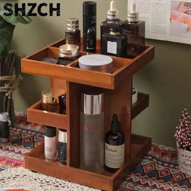 Multi-function Desktop Bathroom 360 Degree Rotating Wood Bamboo Cosmetic Makeup Storage Organizer for Brushes Lotions