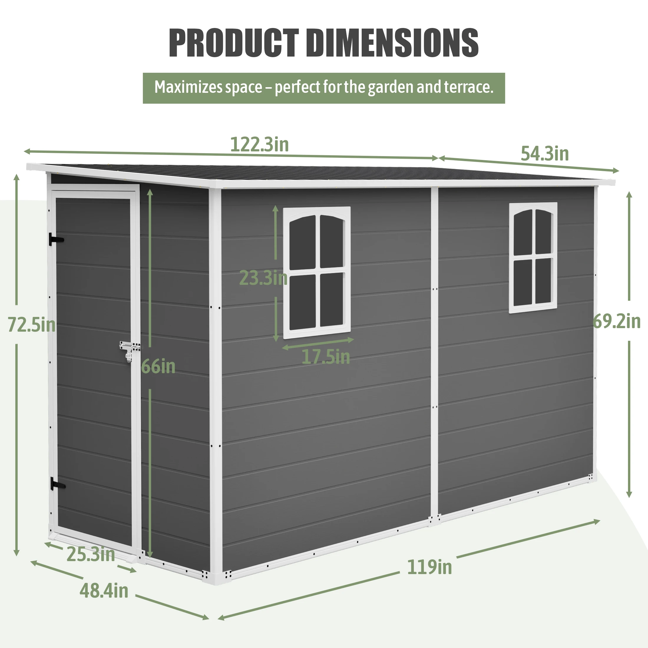 4x10 FT Gray Plastic Outdoor Storage Shed Metal Roof Two Clear Windows for Bicycles Trash Bins Patio Garden Backyard