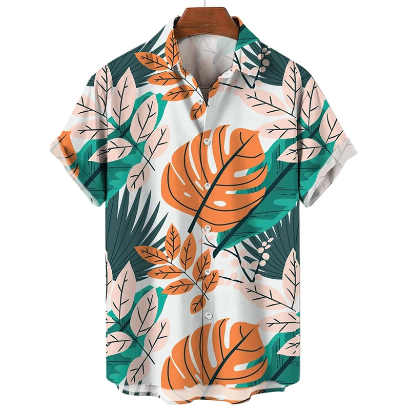 Folha de bordo masculina estampada casual blusa de manga curta, camisa de folhagem havaiana vintage, plus size, verão, planta, nova