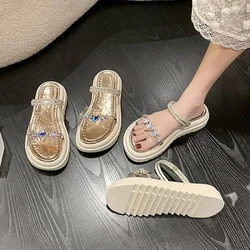 Outdoor Transparent Footwear Diamond Sandals for Women Slippers Platform Ladies Shoes Summer 2024 Gold Asian Size Vip Sale Korea