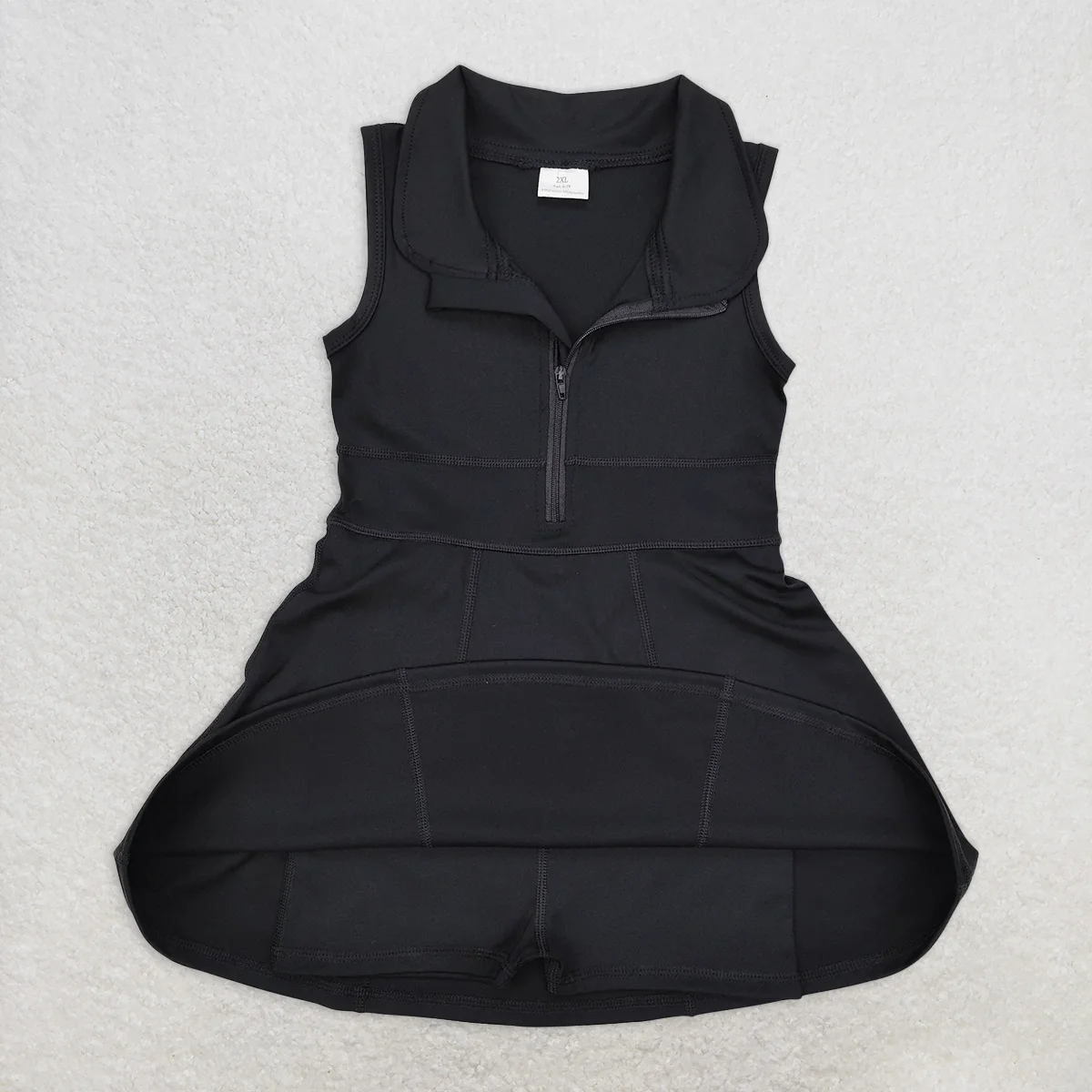 فستان رياضي أسود للفتيات الصغيرات بطول الركبة بدون أكمام وسحاب مع شورت #2