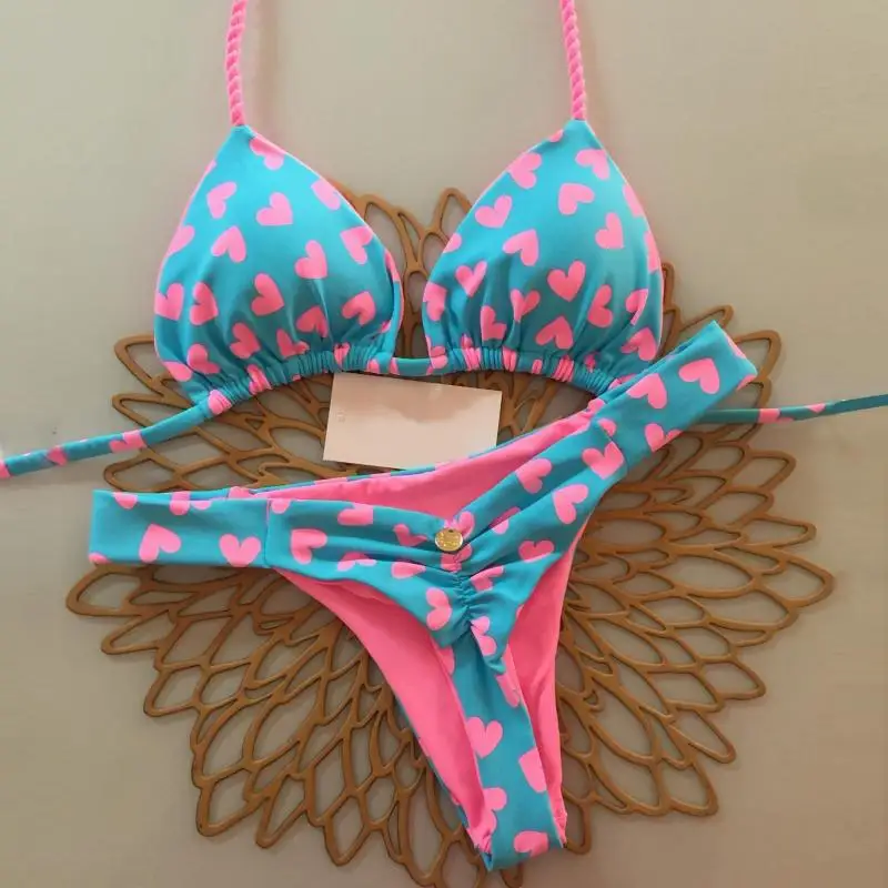 

Women's 2 Piece Triangle Bikini Set Heart Print Tie Side Swimsuit Ribbed Solid Floral Bathing Suit for Beach Vacation and Pool