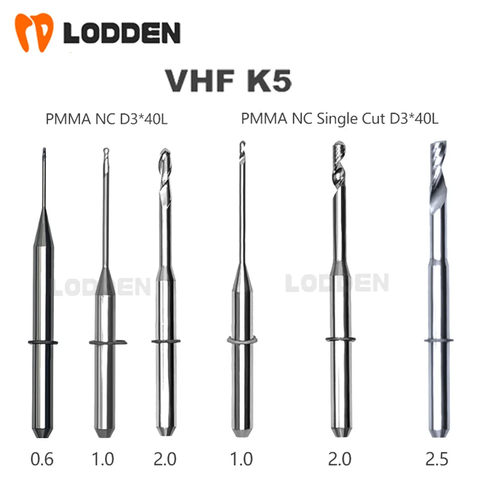 VHF K5 PMMA Milling Burs D3*40L Length PMMA NC Single Cut Set 0.6/1.0/2.0/2.5mm Drill Griding Tool for CAD CAM Cutter