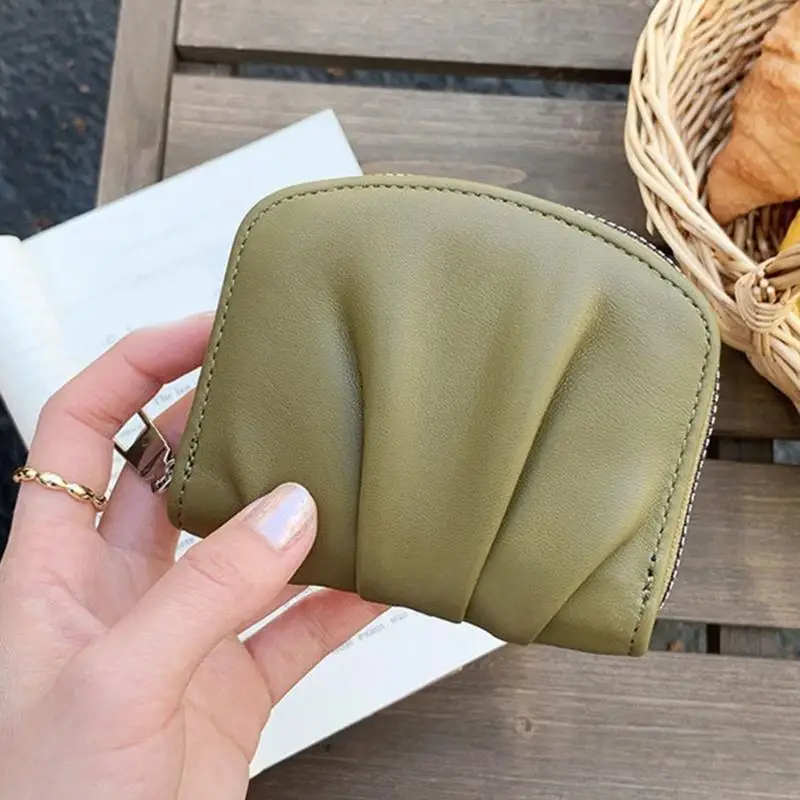 

X90D Small Wallets Pleated Coin Bags Solid Color Wallet PU Leather Change Purse Fashion Coin Purse with Zippers Closure