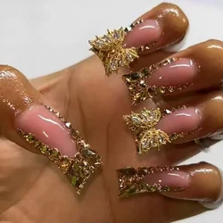 24Pcs Y2K Glamour Long Glitter Duckbill Nail Set Stunning Rhinestone Butterfly Accents Manicure for Women&Girls Party Daily Wear