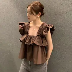 Blouse Elegant Square Neck Ruffled Edge Loose Flying Sleeve Shirt Blusas Mujer De Moda 2024 Verano Crop Top Tanks Lady Camis