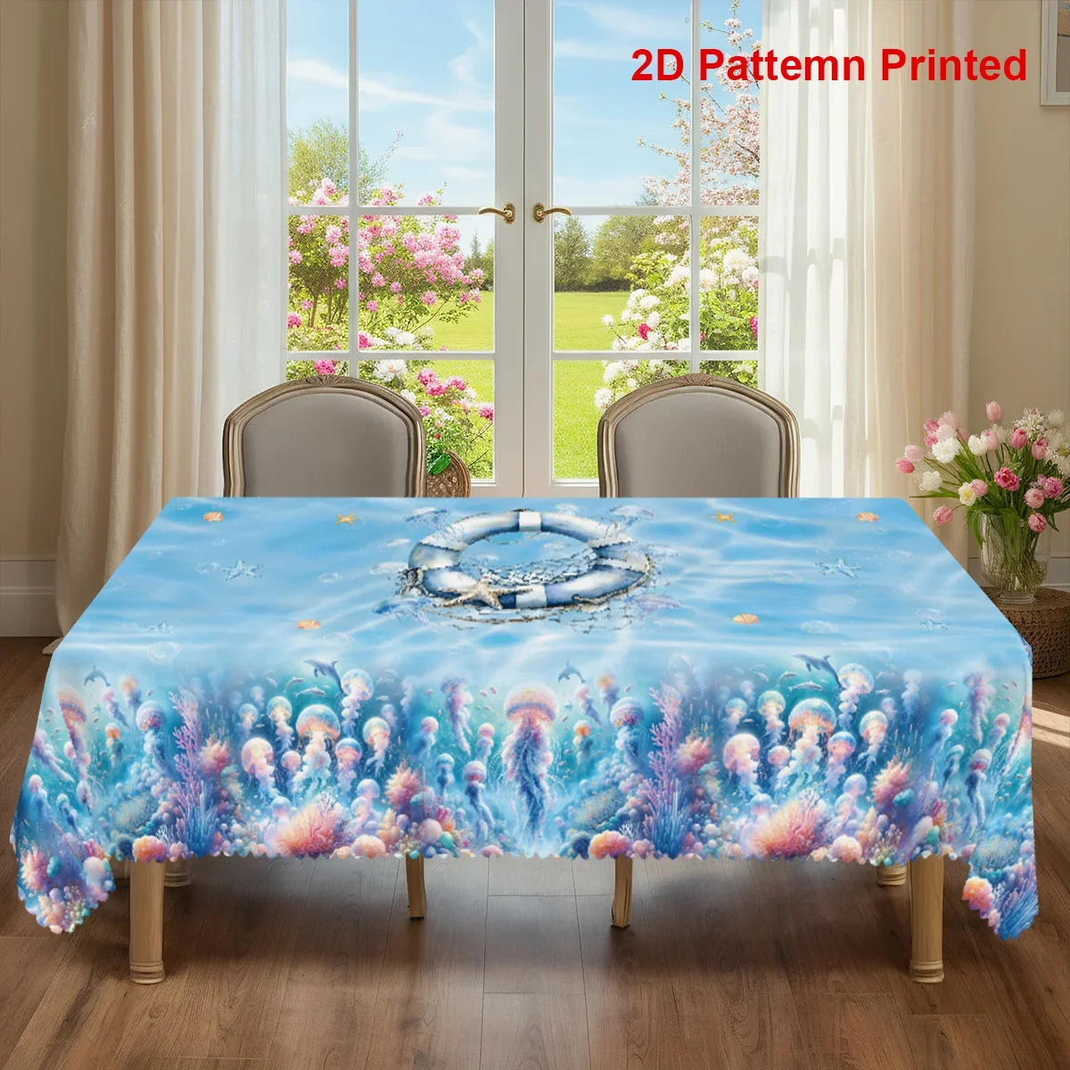 1pc Jellyfish Theme Tablecloth, Durable Polyester Tablecloth, Summer Sea Star, Shell, Coral, Ocean Life Print Design, YZB