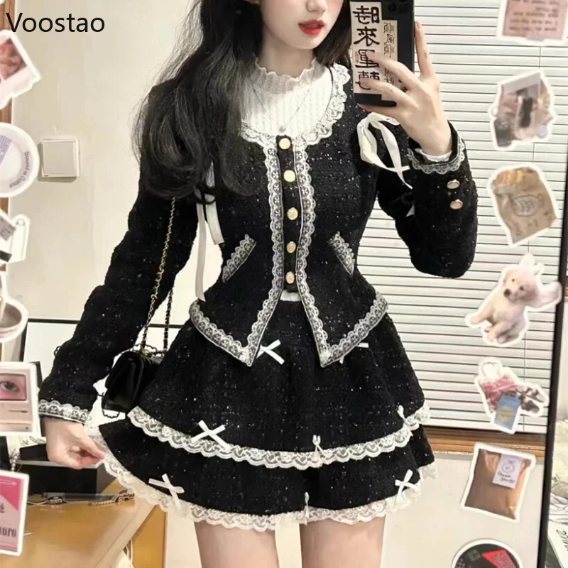 Autumn Elegant Black Skirt Sets Women Sweet Chic Blouse Lace Ruffles Jackets Mini Cake Skirts Suit Korean Female Gothic Outfits