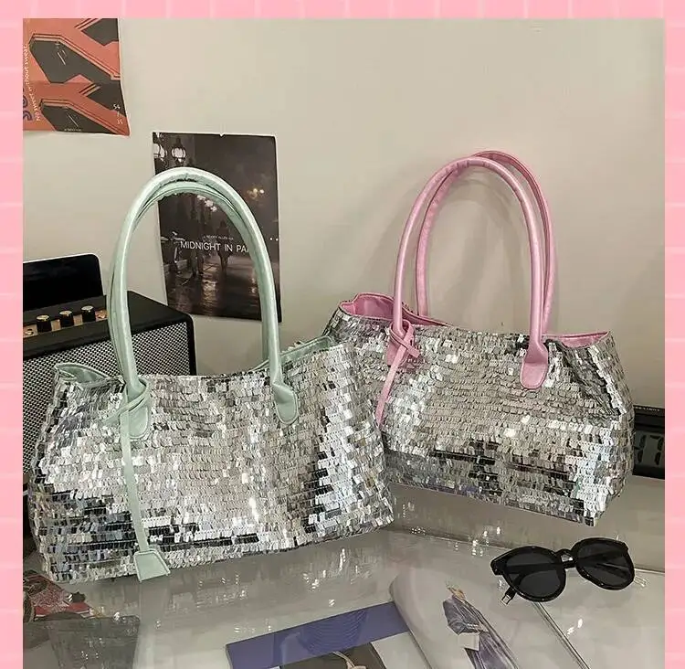 Bloom Shine Beading Sier Shoulder Bags Purse Women 2025 New Large Capacity Casual Handbag Ladies Vintage Tote Bag Aesthetic