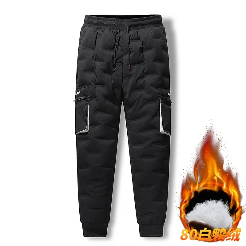 Men\'s Winter Pants Duck Down Padded Pants Thick Warm Black Loose Jogger Windproof High Waist Elastic Thermal Down Trouser Male