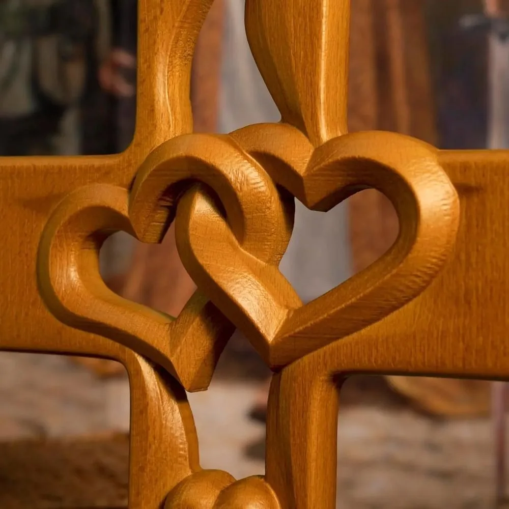 Solid Wood Intertwined Heart Wooden Cross Handmade Wooden Carved Heart Crafts Loveheart Cross Pendant