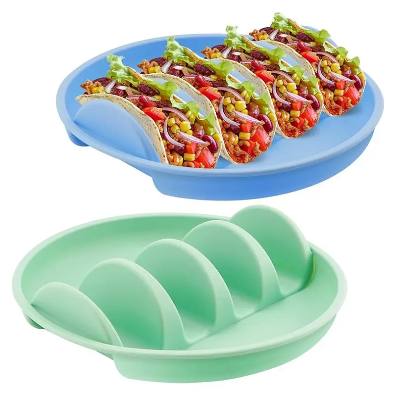 BMBY-Silicone For Mess-Free Family Dinner Party Taco Plates Set Of 2, Microwave& Oven Safe Taco Tray Holders 4 Shells Each