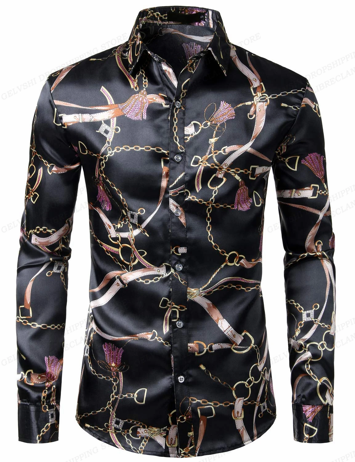 Gold Chain Hawaii Shirts Butterfly 3d Print Shirts Men Fashion Shirts Long Sleeve Beach Blouse Luxury Lapel Shirt Men's Clothing