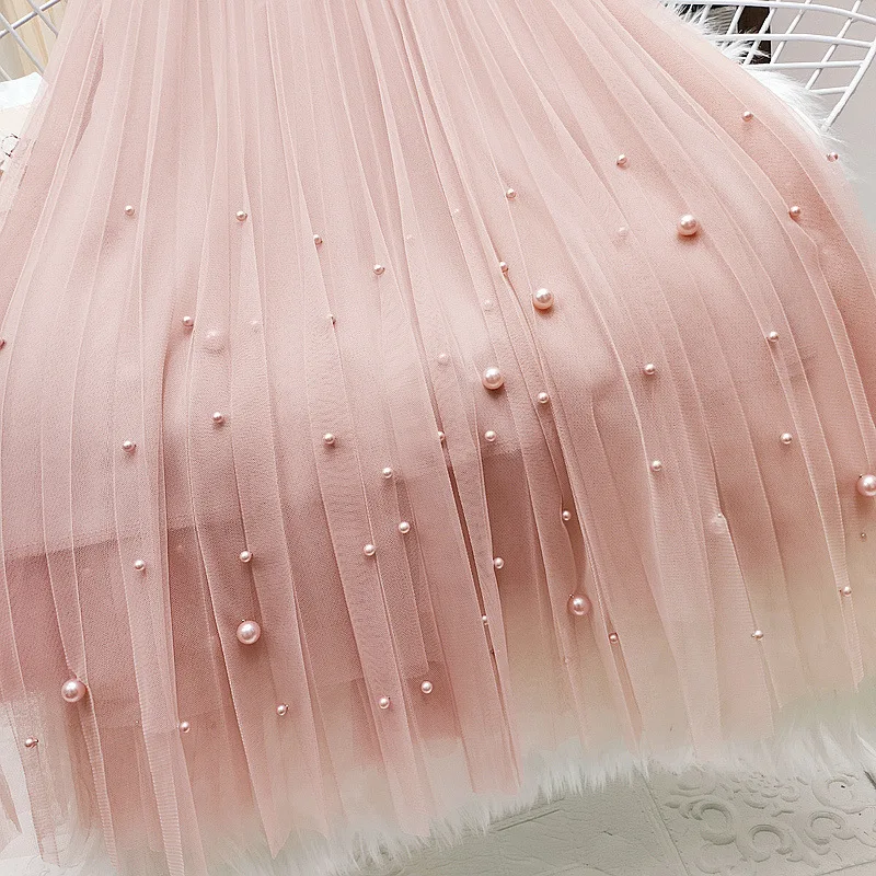 Women's Luxury Elegant Pearl Tulle Skirt Fashion High Waist A-Line Pleated Skirt Mid Length Korean Casual Style High-quality