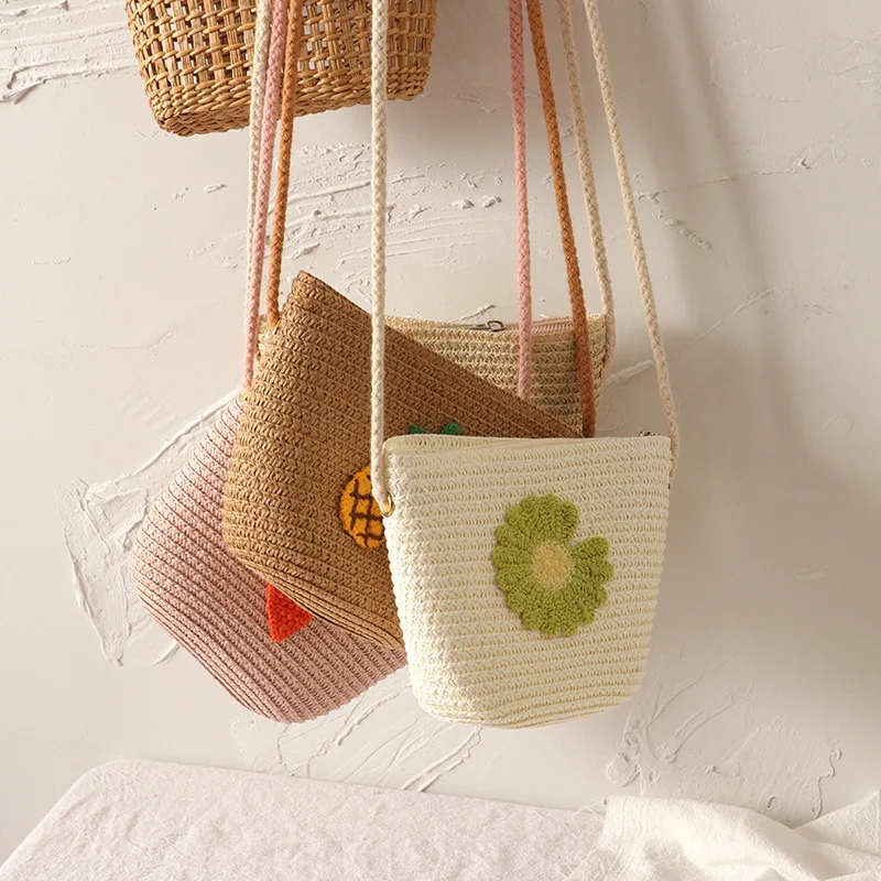 

New Bag Spring/Summer Princess Zero Wallet Handwoven Children's Straw Bag Mini Fruit Zipper Bag Crossbody Bag