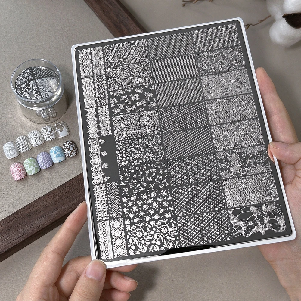 Oversized 19.5*15cm Texture Plus Nail Stamping Plate Lace Floral Mesh Pattern Nail Art Transfer Template Nail Image Plate