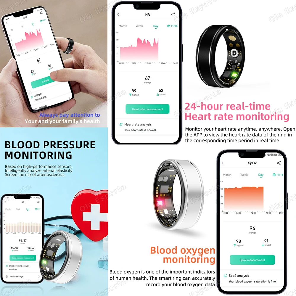 Anneaux de santé intelligents, moniteur de pression artérielle, de fréquence cardiaque, d'oxygène dans le sang, de sommeil, cadeau de Fitness pour amis, collègues en famille, Smartring