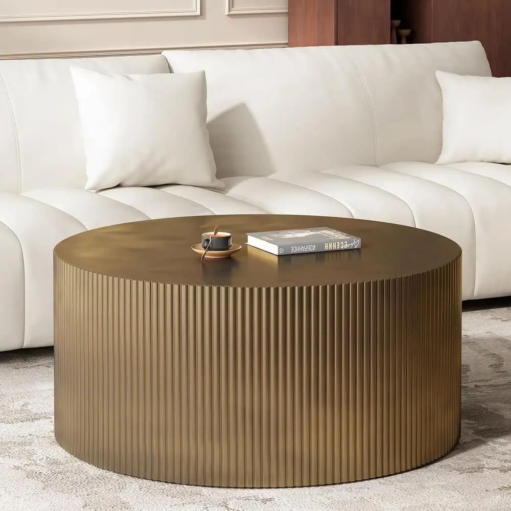 

Gold Round Coffee Table, Minimalist Wave Stripe Design, Suitable for Living Room or Office