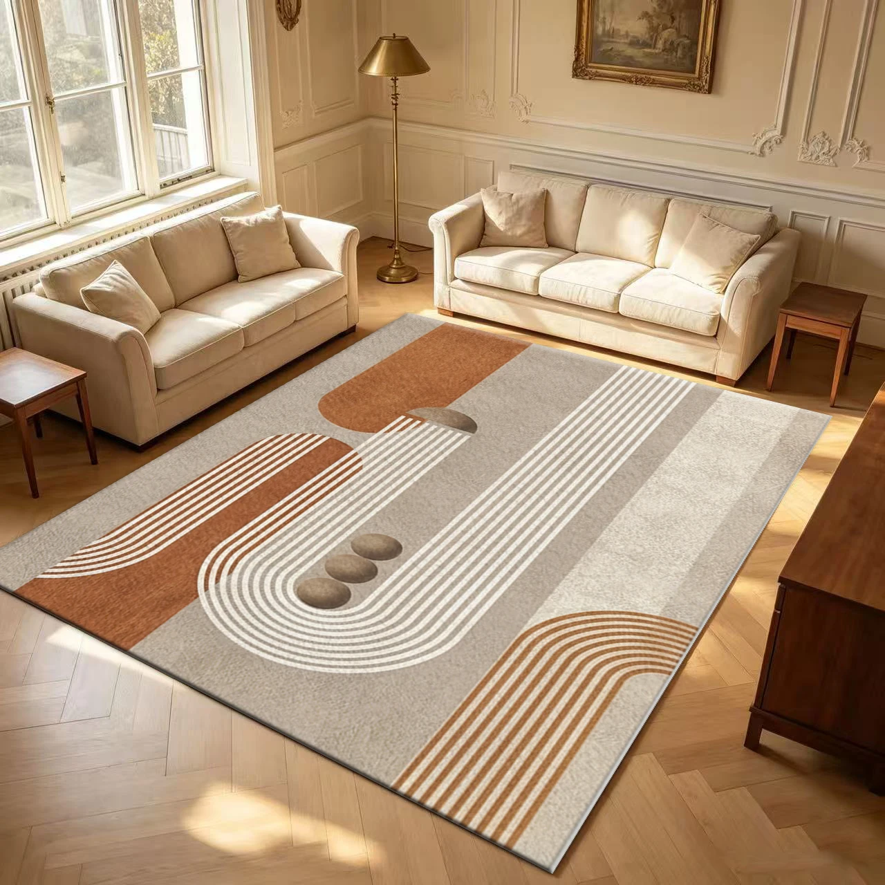 Boho Abstract Line Art Carpet Flooring Mid-Century Modern Decorative Large Rug for Living Space