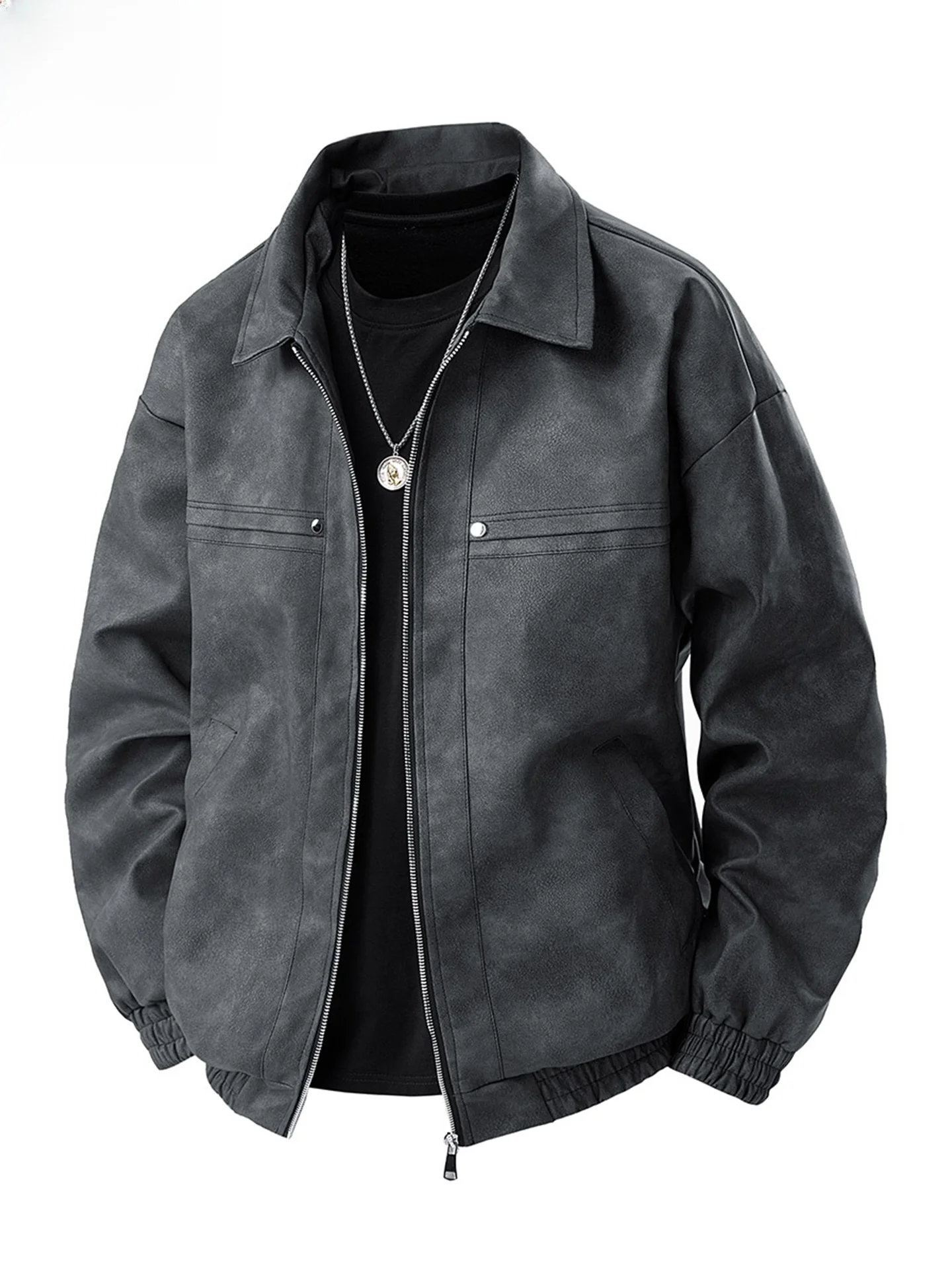 

Leather Jaet Men's Casual Vintage American Sle Motorcycle Workwear Leisure Top Zipper Decorated Loose Fit Polyester Fiber