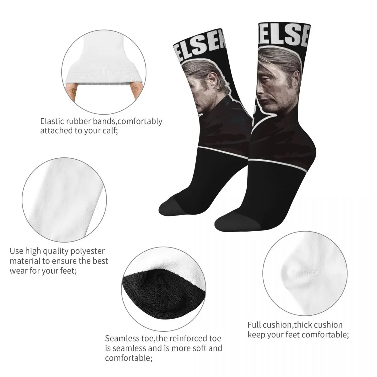 Casual Unisex Socks Mads Mikkelsen Vector Merchandise Warm Hannibal Lecter High Quality Socks All Season