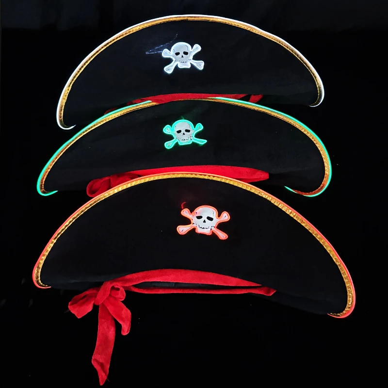 Neon Luminous Glowing LED Pirate Cap light up pirate captain Hat Performance Costume Masquerade Cosplay Props  For Men Women