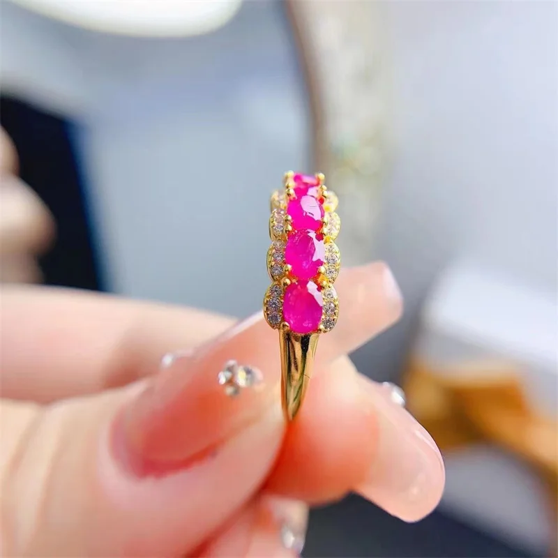 Cincin Pernikahan perak murni 925 asli dapat digenggam emas kuning 18k untuk wanita 4x3mm Ruby dengan sertifikat