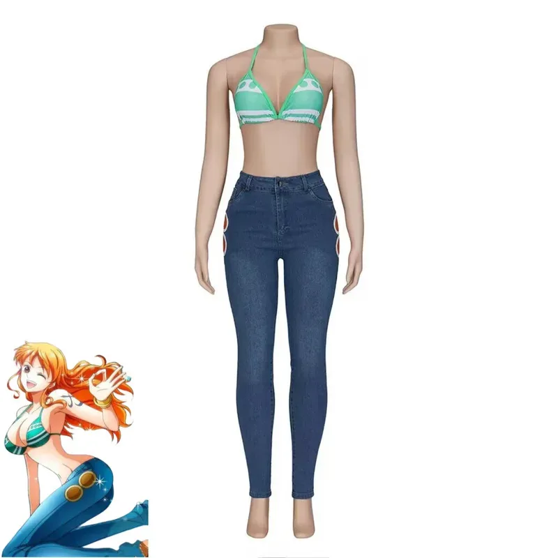 Anime Nami Cosplay Costume Wano Kuni Country Skinny Jean Tube Tops Swimsuit Wig Woman Sexy Summer Day Beach Party Suits;2k,j'x.8