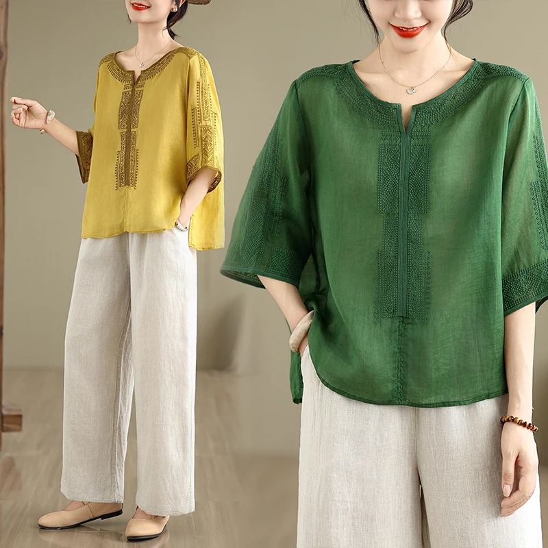 

Летний новый модный мам, свободный тонкий хлопковый комплект, женский топ с тяжелой вышивкой, льняные широкие брюки, комплект из смеси хлопка