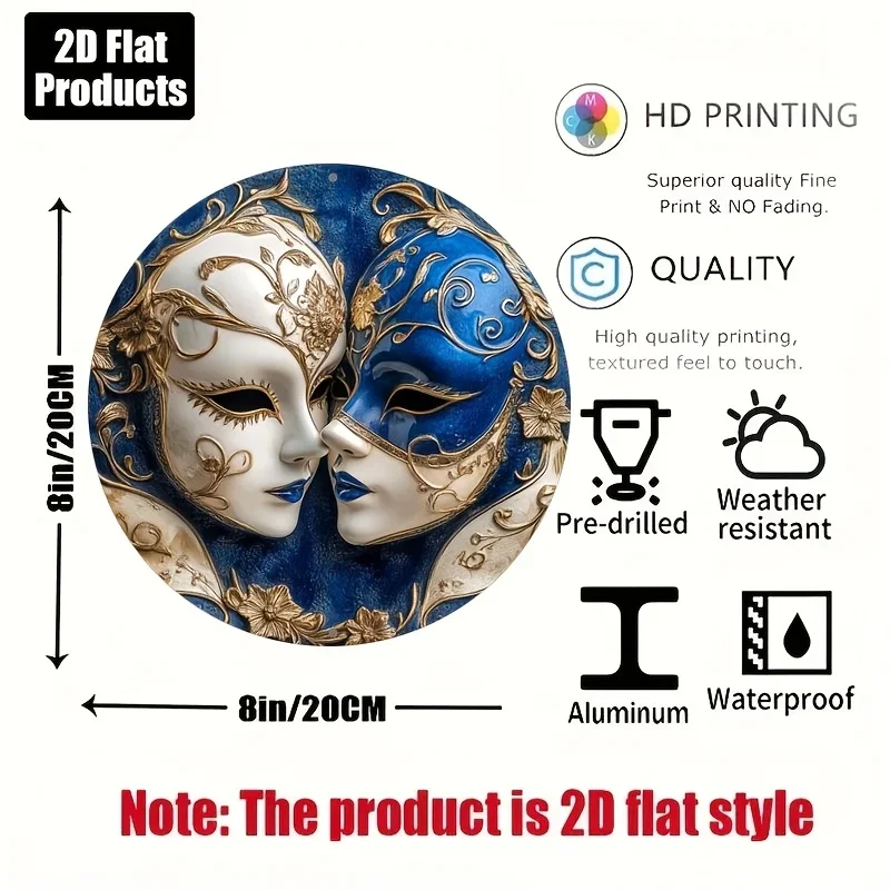 2D Flat 8x8 Inch Vintage Aluminum Mask Wall Art – Romantic Blue & Gold Venetian Decorative Plaque for Home Bar