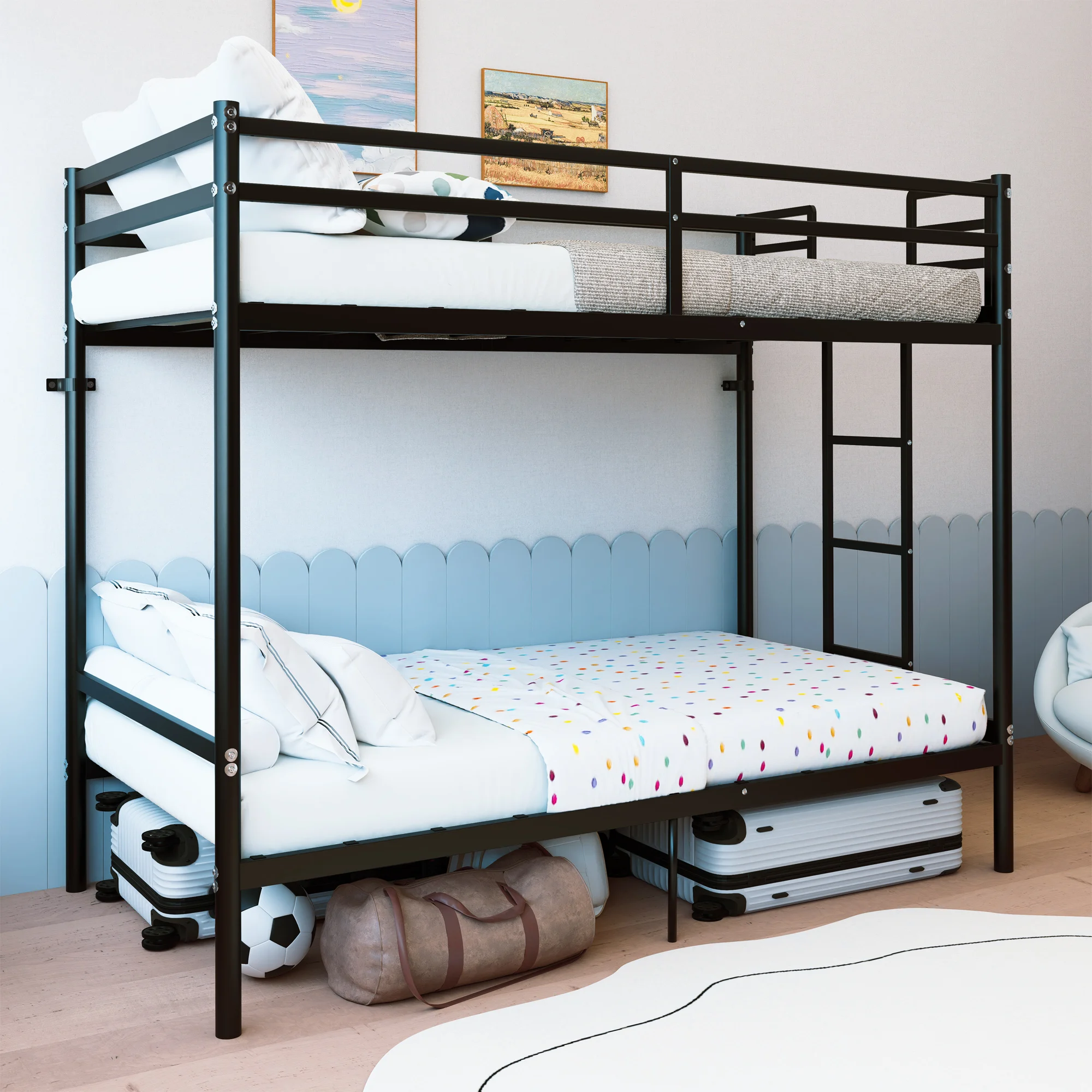 Bunk Bed with Ladder and high Guardrail, Able to Split, Metal Bunk Bed, Storage Space, Noise Free,Twin Over Twin Size,Black