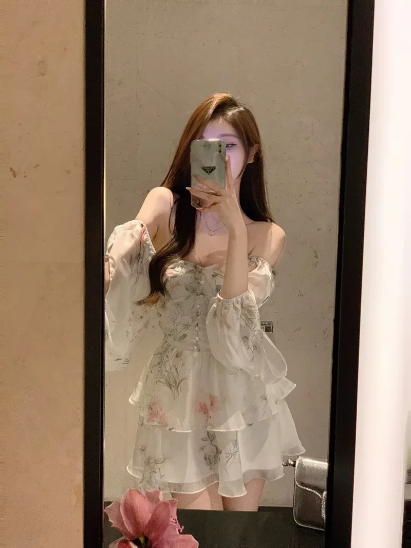 Elegancka francuska mini sukienka w kwiaty, letnia szyfonowa sukienka wieczorowa, sukienka Y2k damska na wakacje, plażowa sukienka boho wróżki, koreańskie szaty Платье