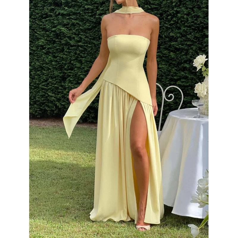 European and American sexy diagonal splicing slit dress with pleated strapless ribbon hanging neck long dress