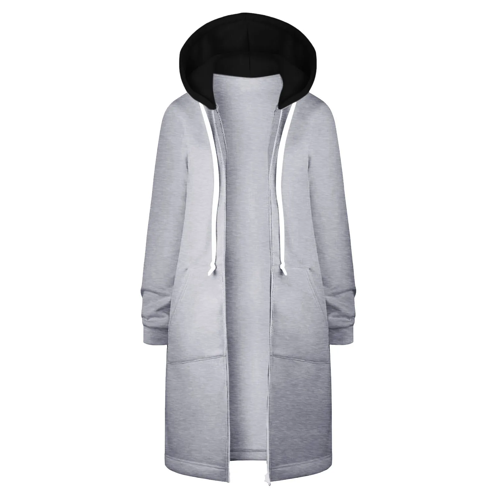 Solid Color Straight Zipper Cardigan Hooded Sweatshirt Women Double Pockets Hoodie Autumn Winter Commuter Thickened Outerwear