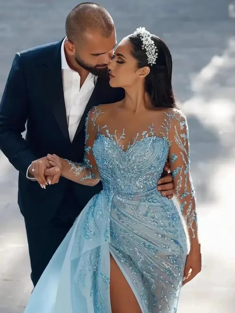 Arabic Party Dress Side Slit Prom Dresses Wedding Party Gown Blue Dubai Luxury Beaded Long Slevees Evening Dress Customized